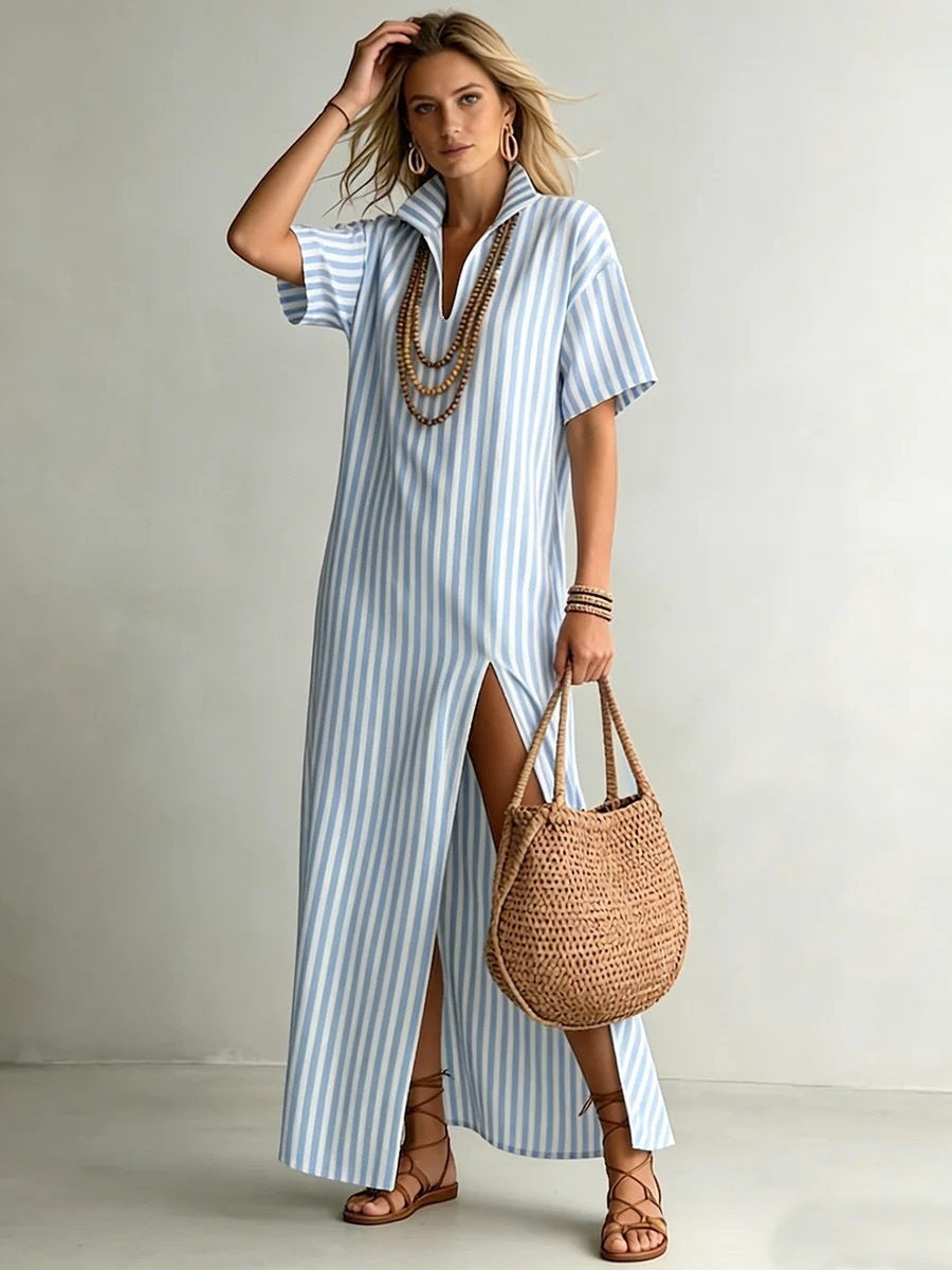 Women's Summer Sleeve Striped Slit For Dress