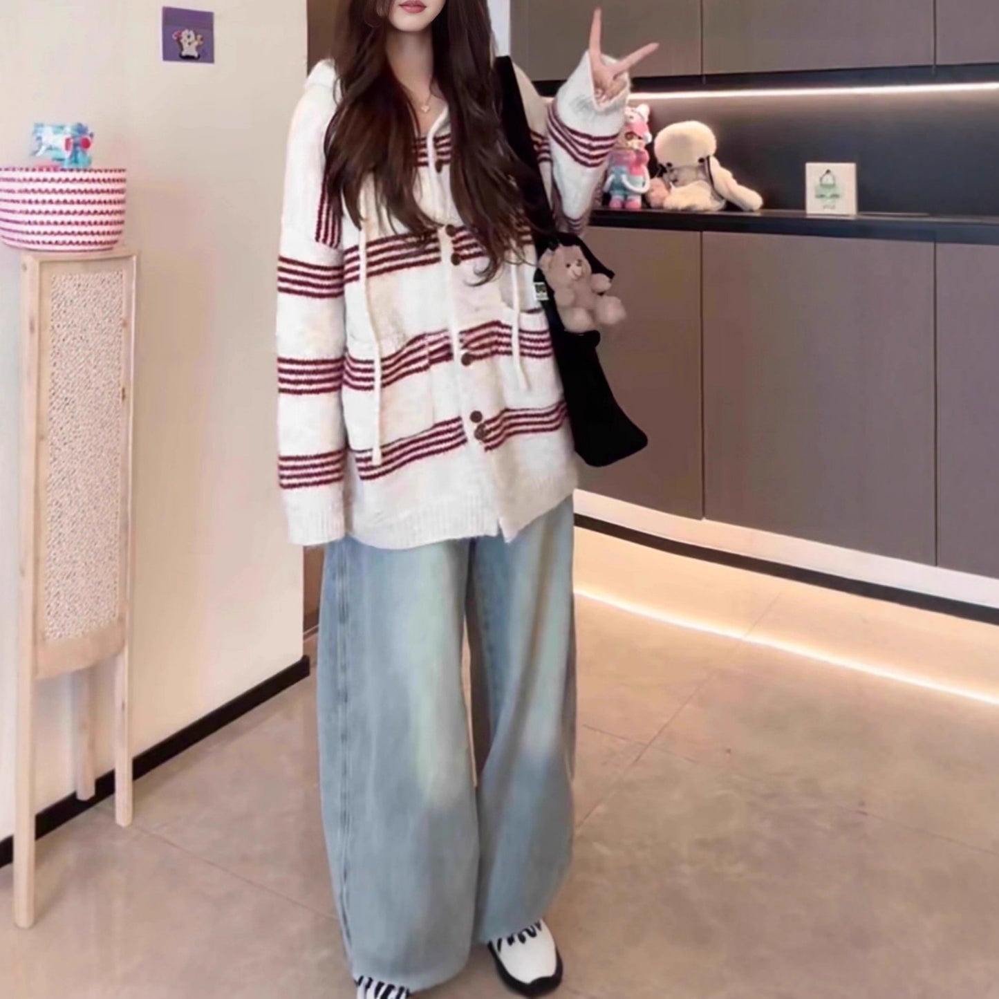 Women's Idle Style Mixed Color Stripe Hooded Long Sweater