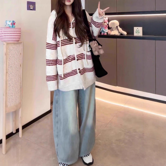 Women's Idle Style Mixed Color Stripe Hooded Long Sweater