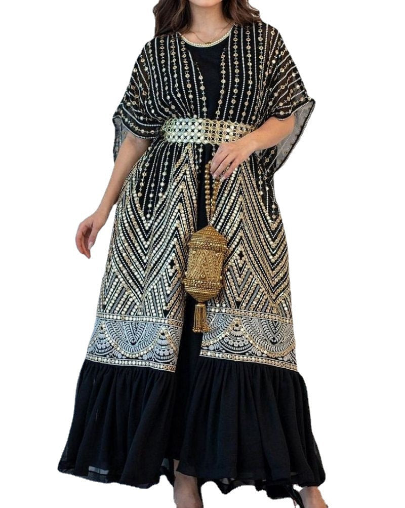 Printed Fashion City Casual Dolman Sleeve Pleating Tape Belt Dresses