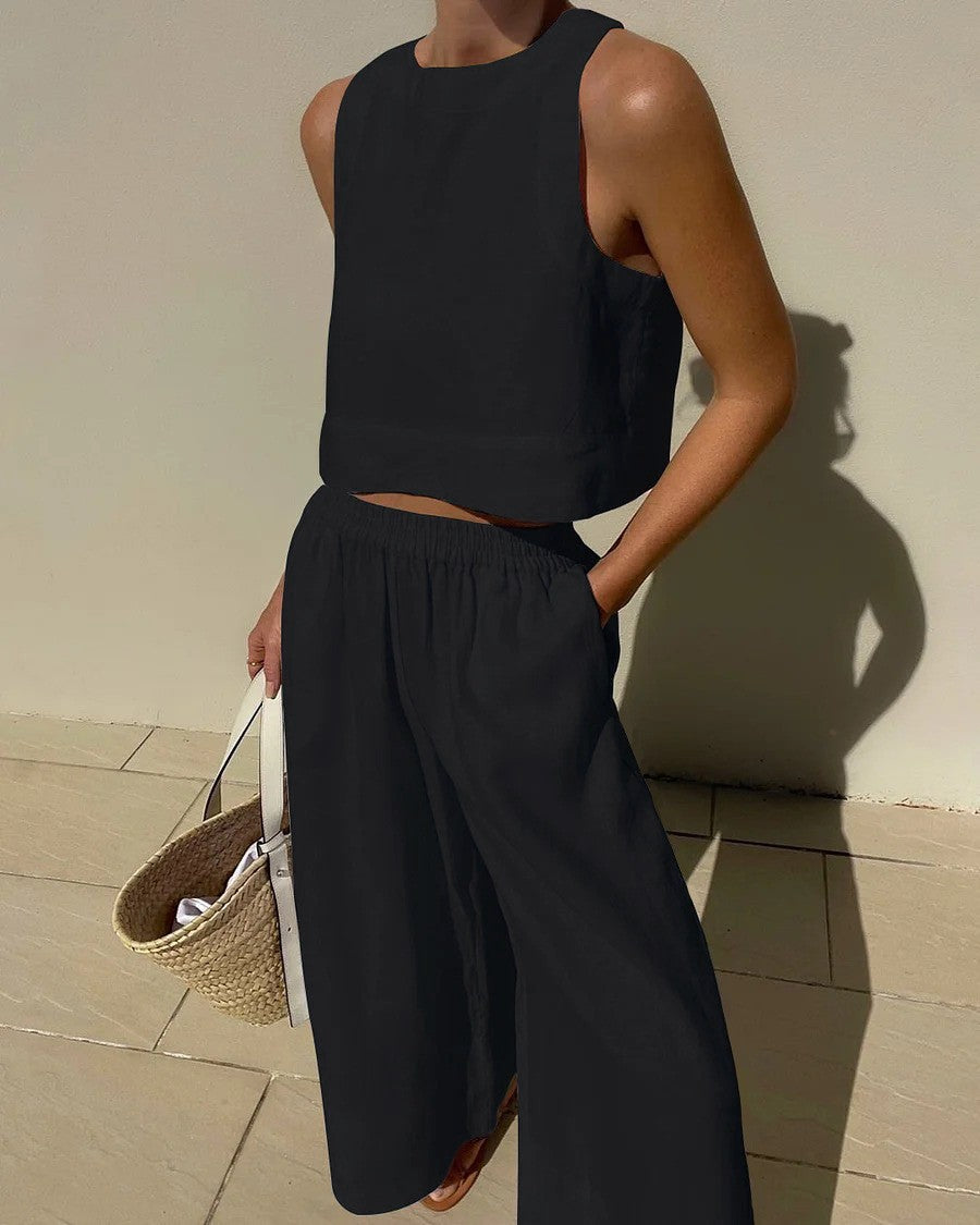 Loose Solid Color Sleeveless Shirt Trousers Fashion Casual Suit