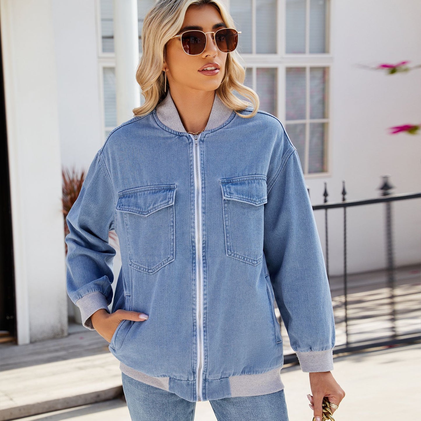 Women's Washed Baseball Zipper Denim Tide Jackets