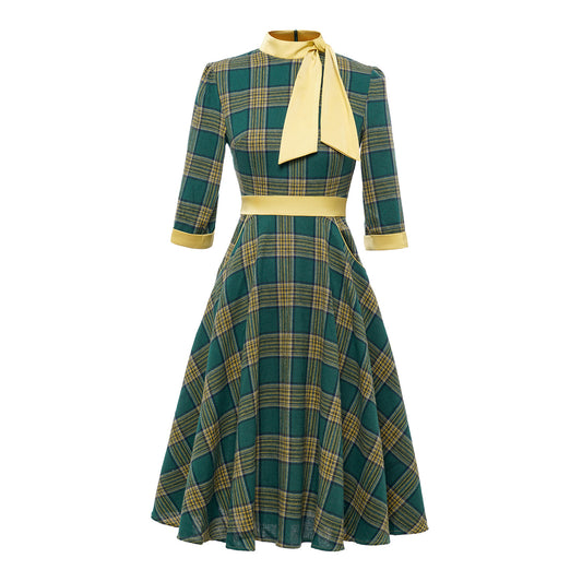 Plaid Turtleneck Green Sleeve Hepburn Style Color Collision Design Artistic Dress
