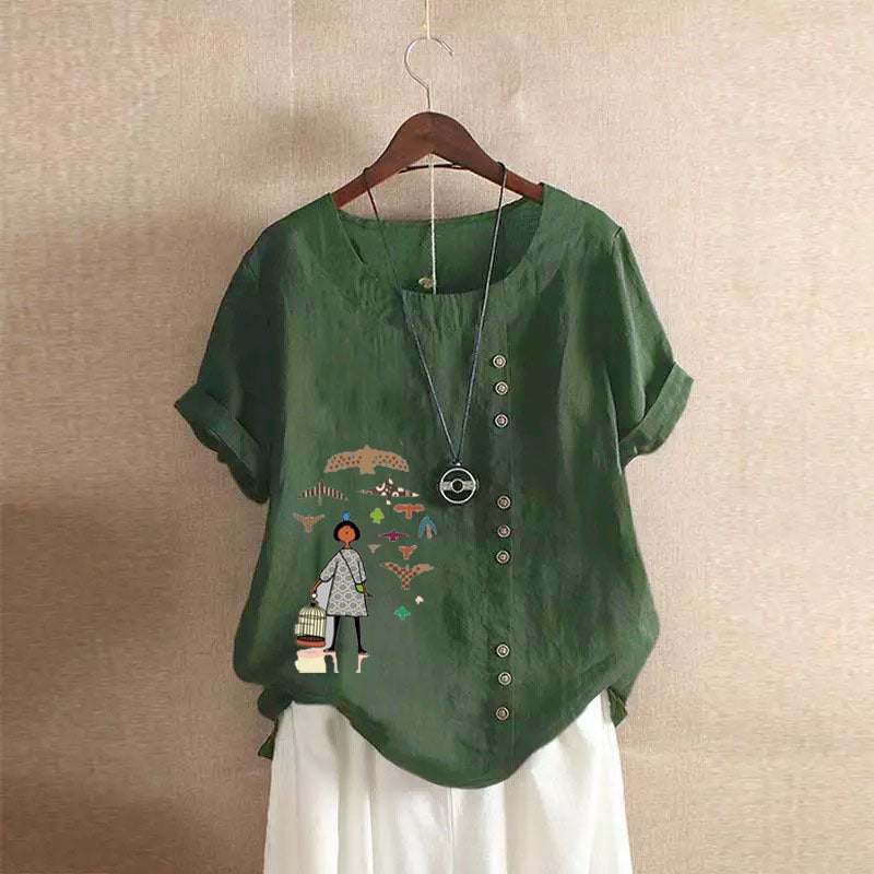 Women's Retro Cotton Linen Printed Casual Shirt Blouses