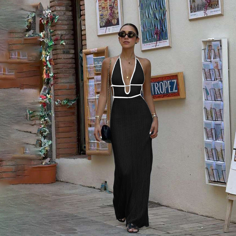 Women's Fashion Color Contrast Halter Backless Knitted Dresses