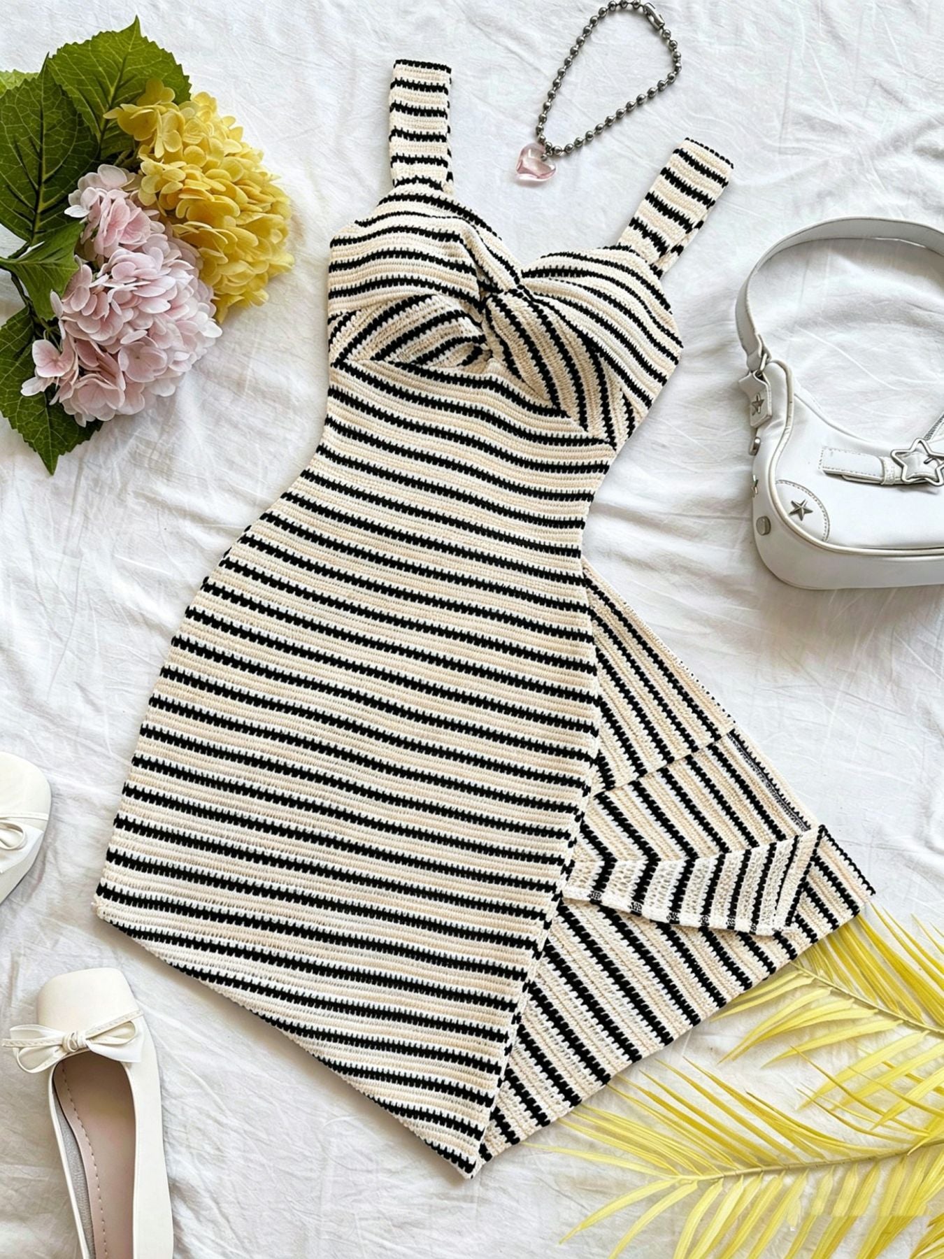 Women's Fashion Comfortable Striped Spaghetti Straps Chest Knot Dress