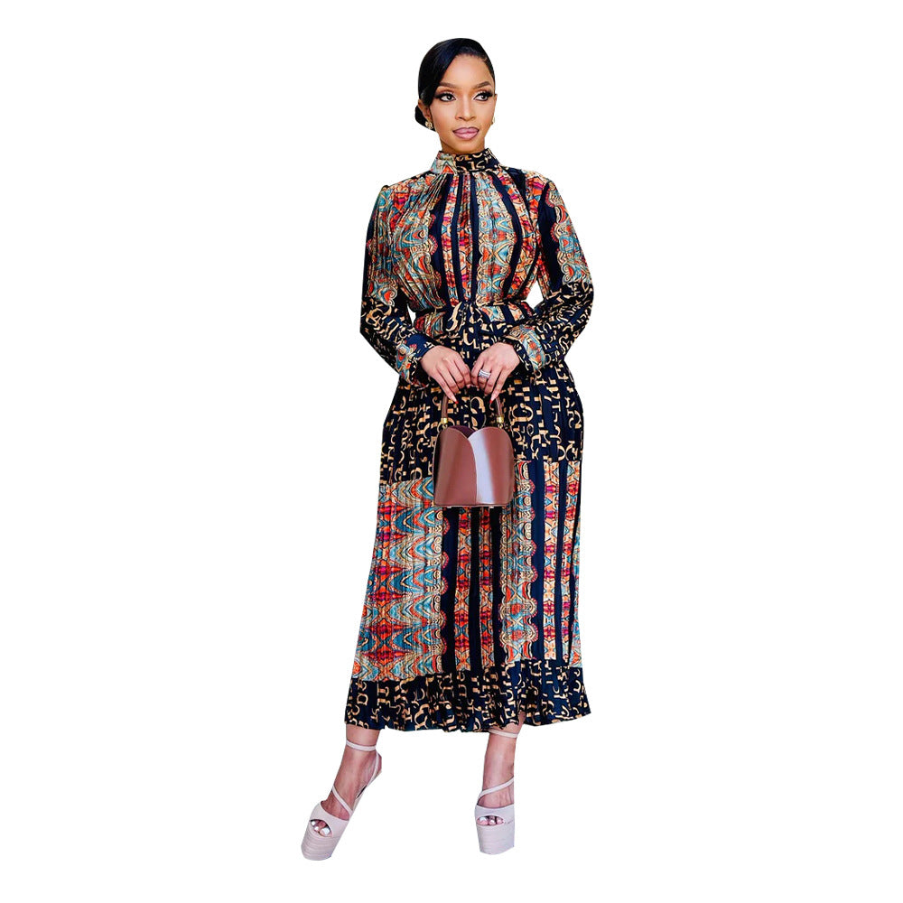Women's Autumn Print Long Sleeve Pleated Dress Dresses