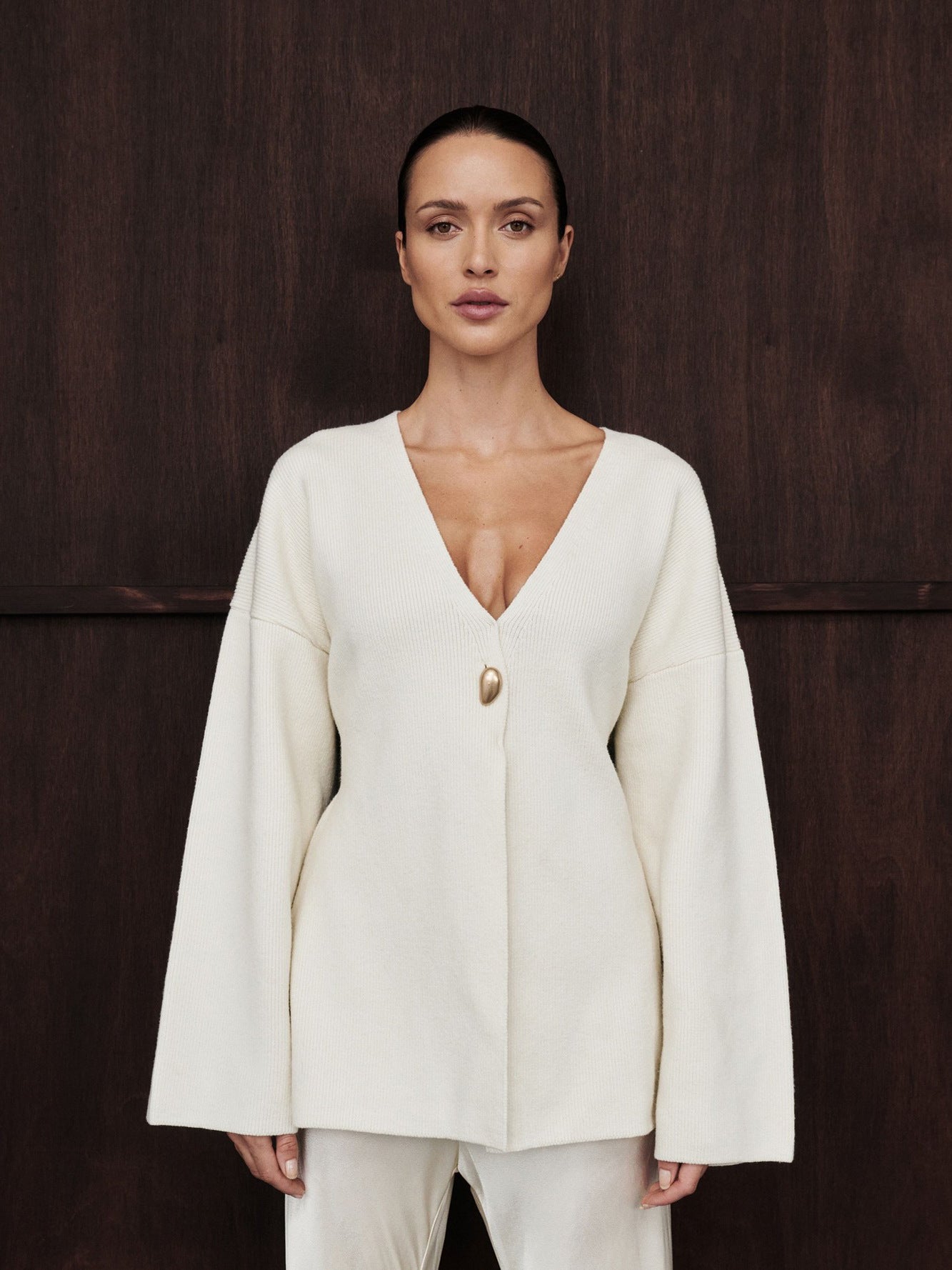 Sleeve Pullover White One Button Strap Sweaters