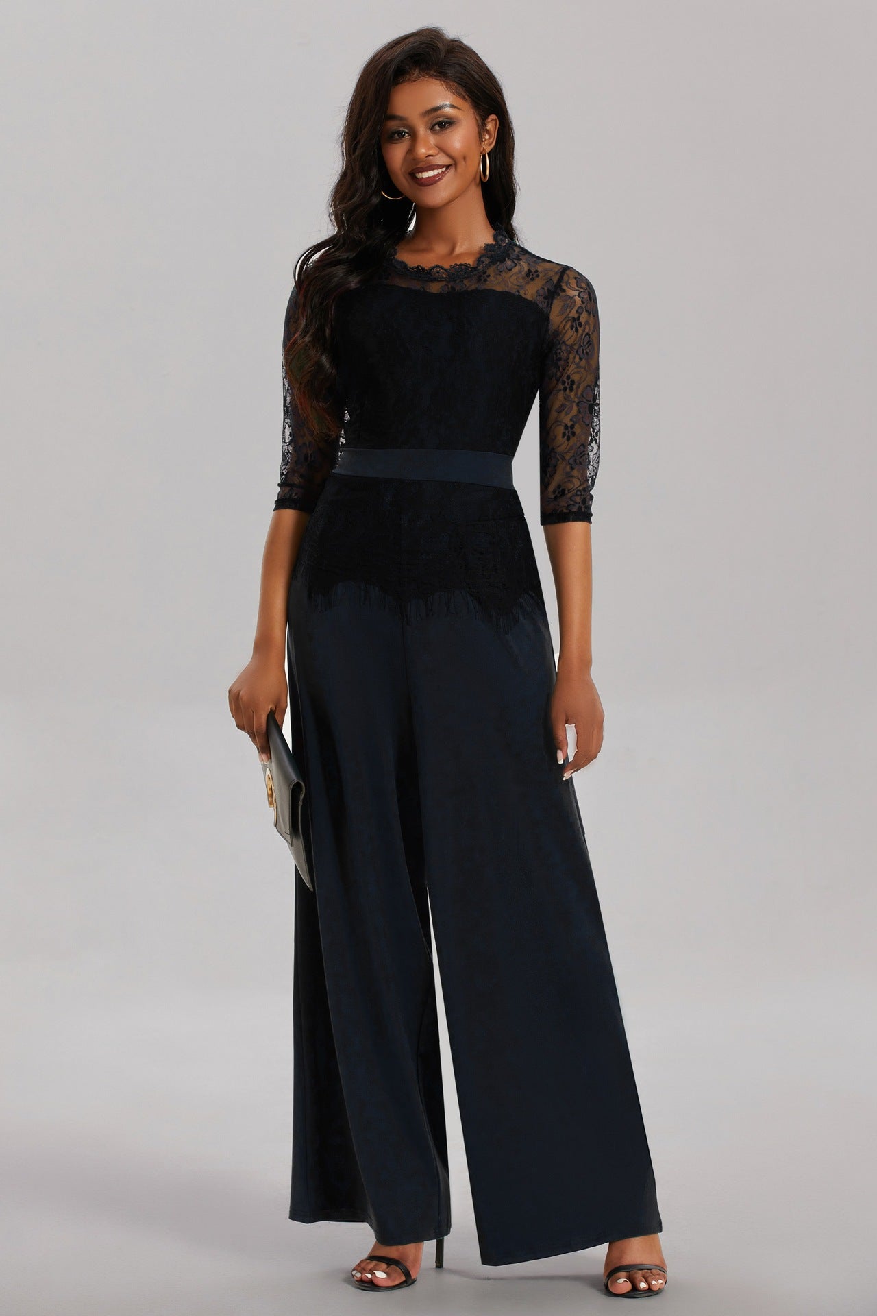 Casual Lace Stitching High Waist Pure Color Sexy Slim Pants