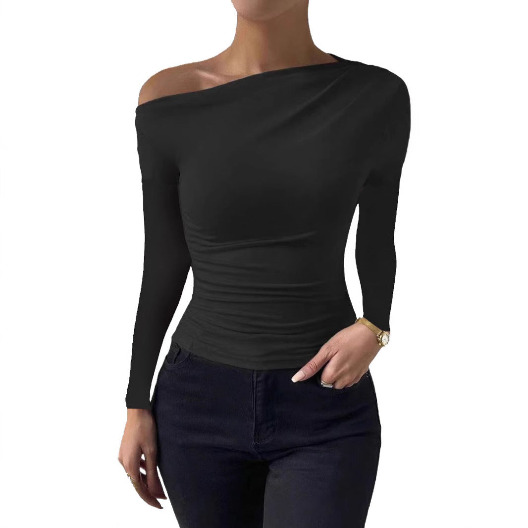 Slim Fit Pleating Irregular Sleeve T-shirt Tops