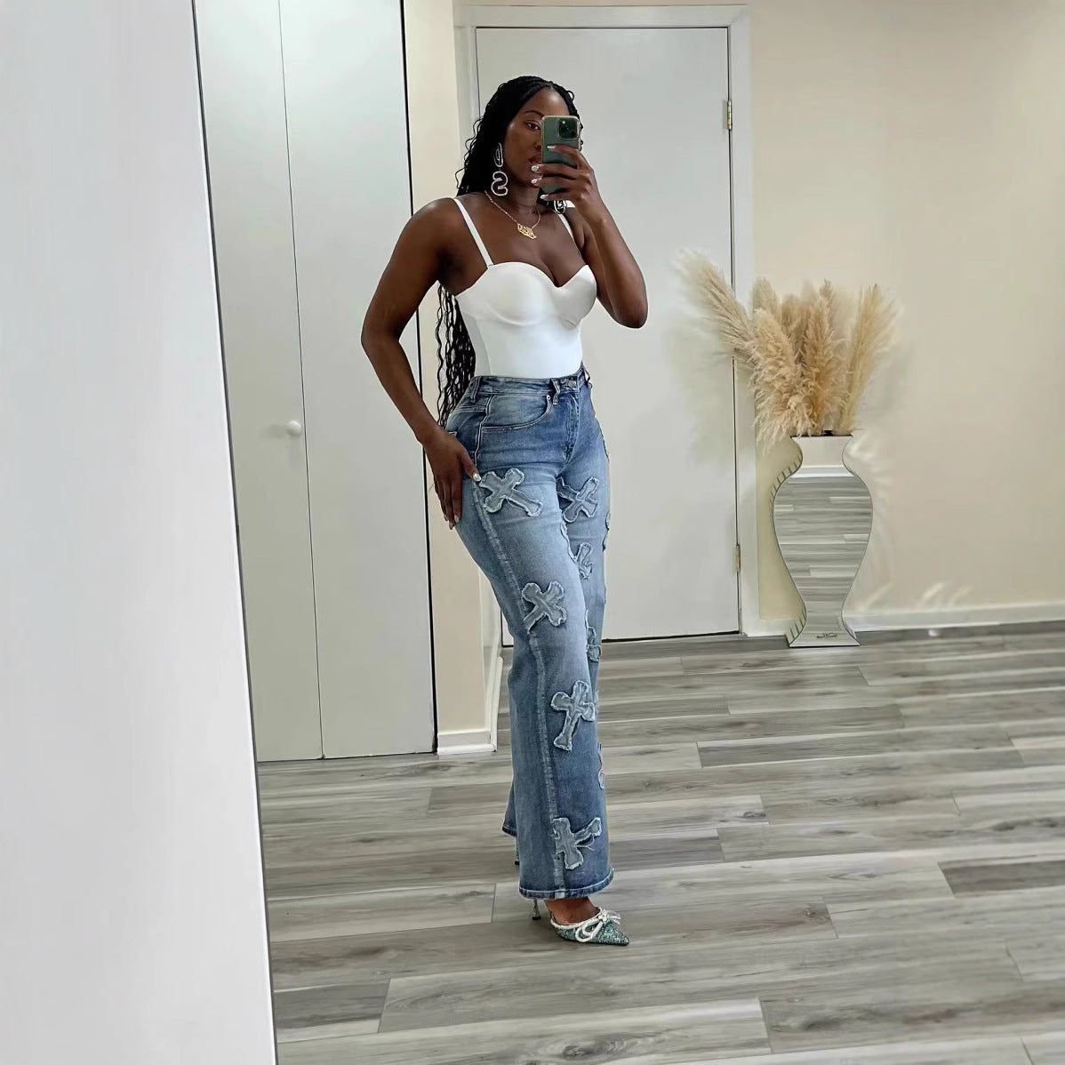 Women's Vintage Washed Denim Tassel Cross Patch Jeans