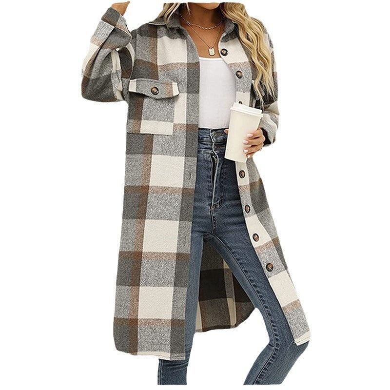 Women's Long Flannel Plaid Lapel Button Woolen Coats