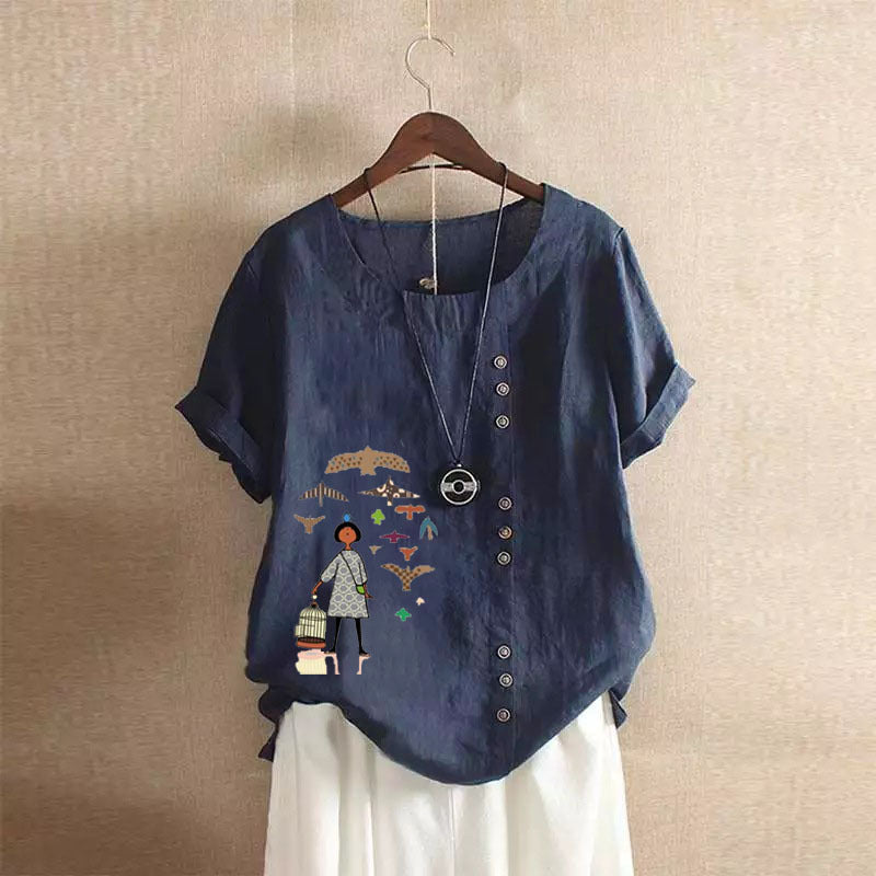 Women's Retro Cotton Linen Printed Casual Shirt Blouses
