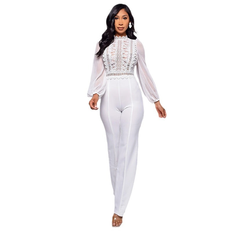 Women's High Waist Straight Turtleneck Lace Long-sleeved Jumpsuits