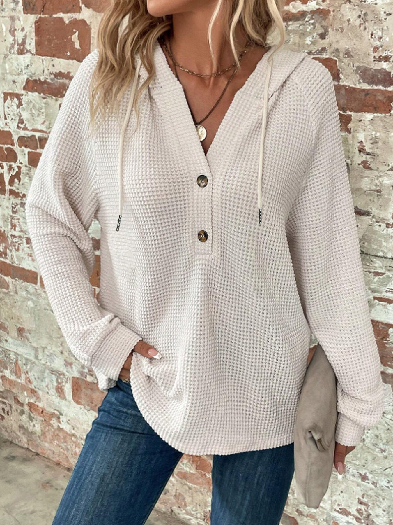 Women's Solid Color Long-sleeved Hooded Button For Women's Sweater, Sweater