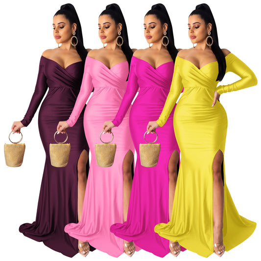 Women's Formal Solid Color Large Slit Long Dresses