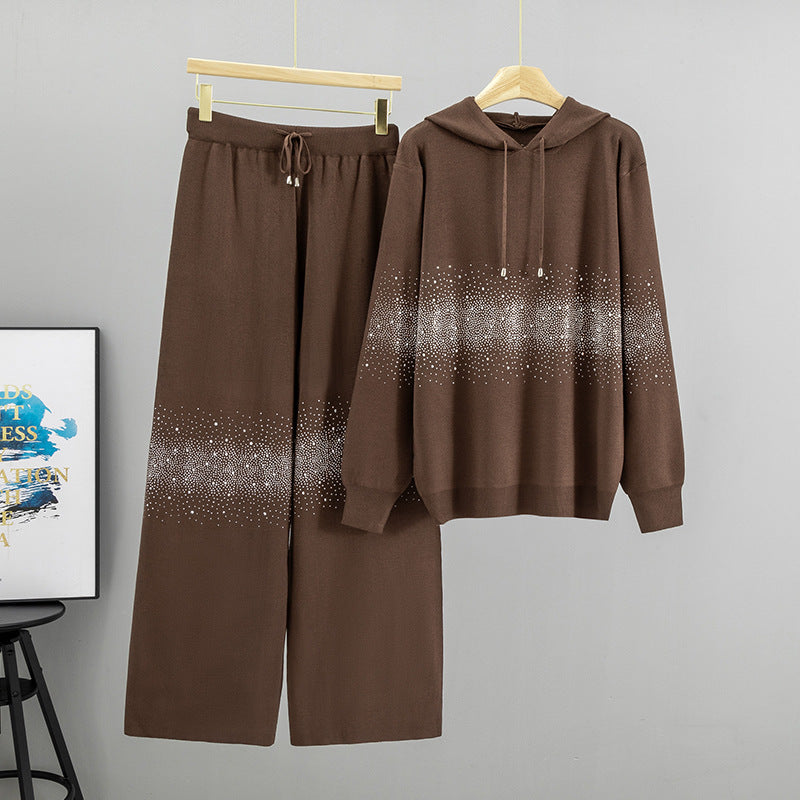 Women's Starry Hot Rhinestone Fashionable Knitted Autumn Hooded Fashion Casual Suit
