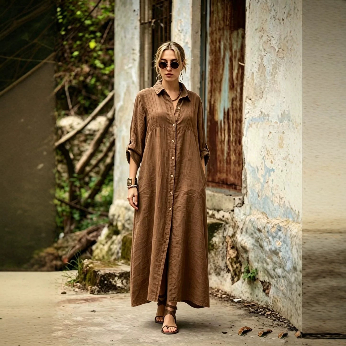 Solid Color Shirt Collar Long Sleeve Temperament Elegant Simple Loose Dress