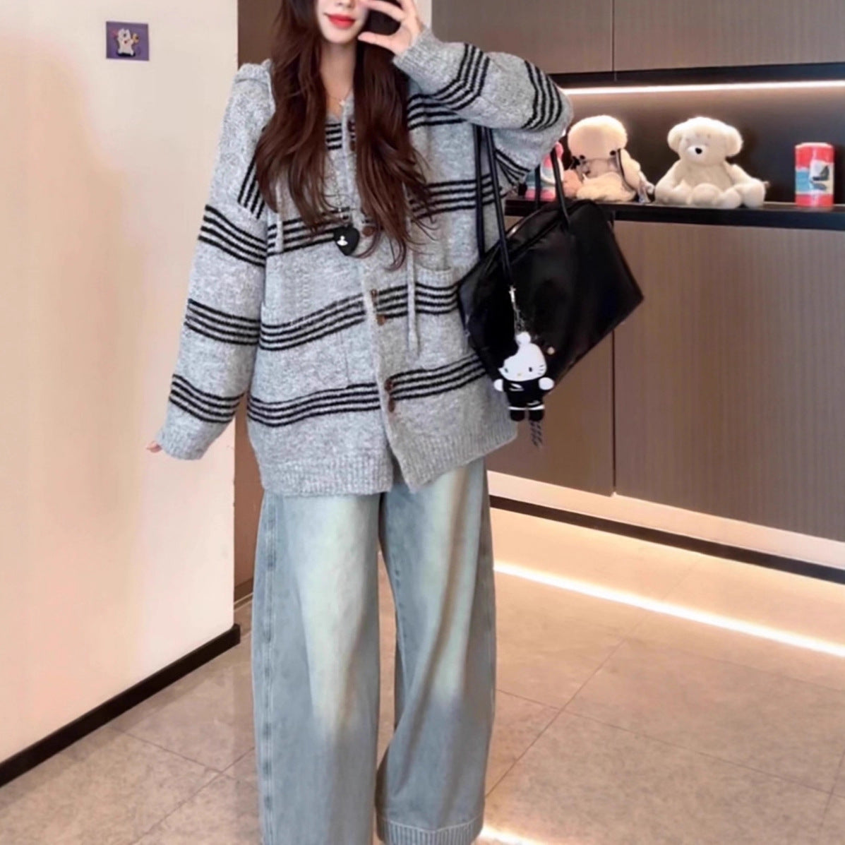 Women's Idle Style Mixed Color Stripe Hooded Long Sweater