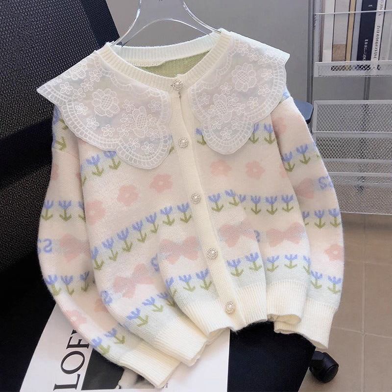 Women's Korean Patchwork Lace Peter Pan Collar Younger Fashion Loose Sweater