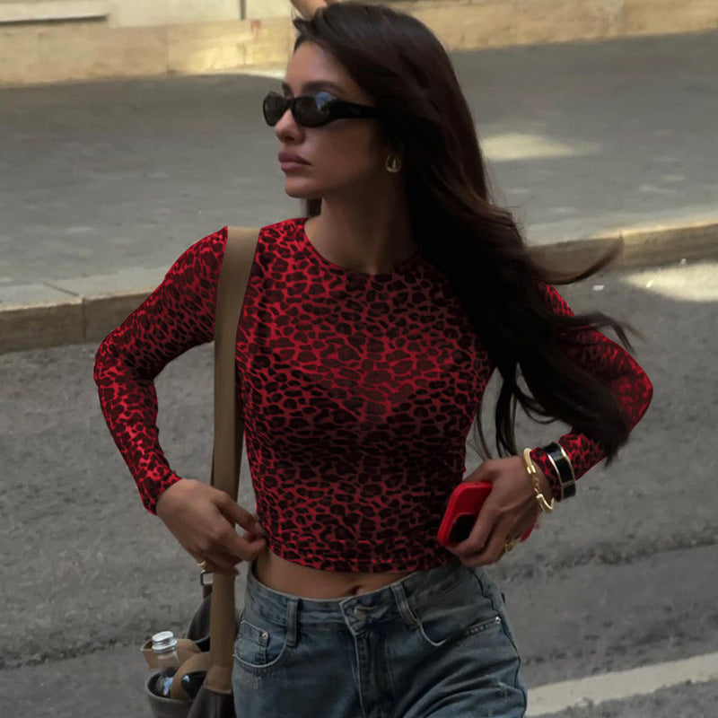 Women's Round Neck Long Sleeve Leopard Print Blouses
