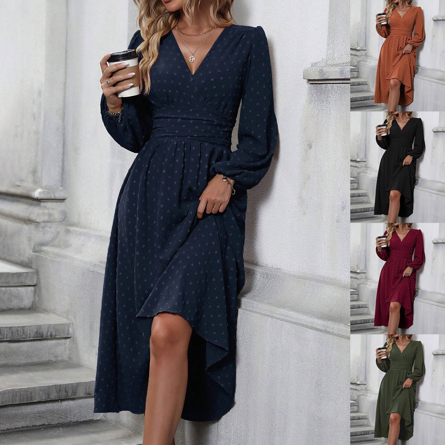 Women's Diagonal Collar Lantern Sleeve Elegant Slimming Dress