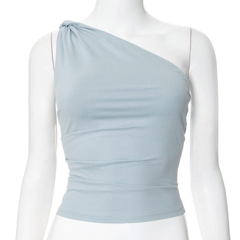 Women's Solid Color Sleeveless Diagonal Collar Tie Blouses