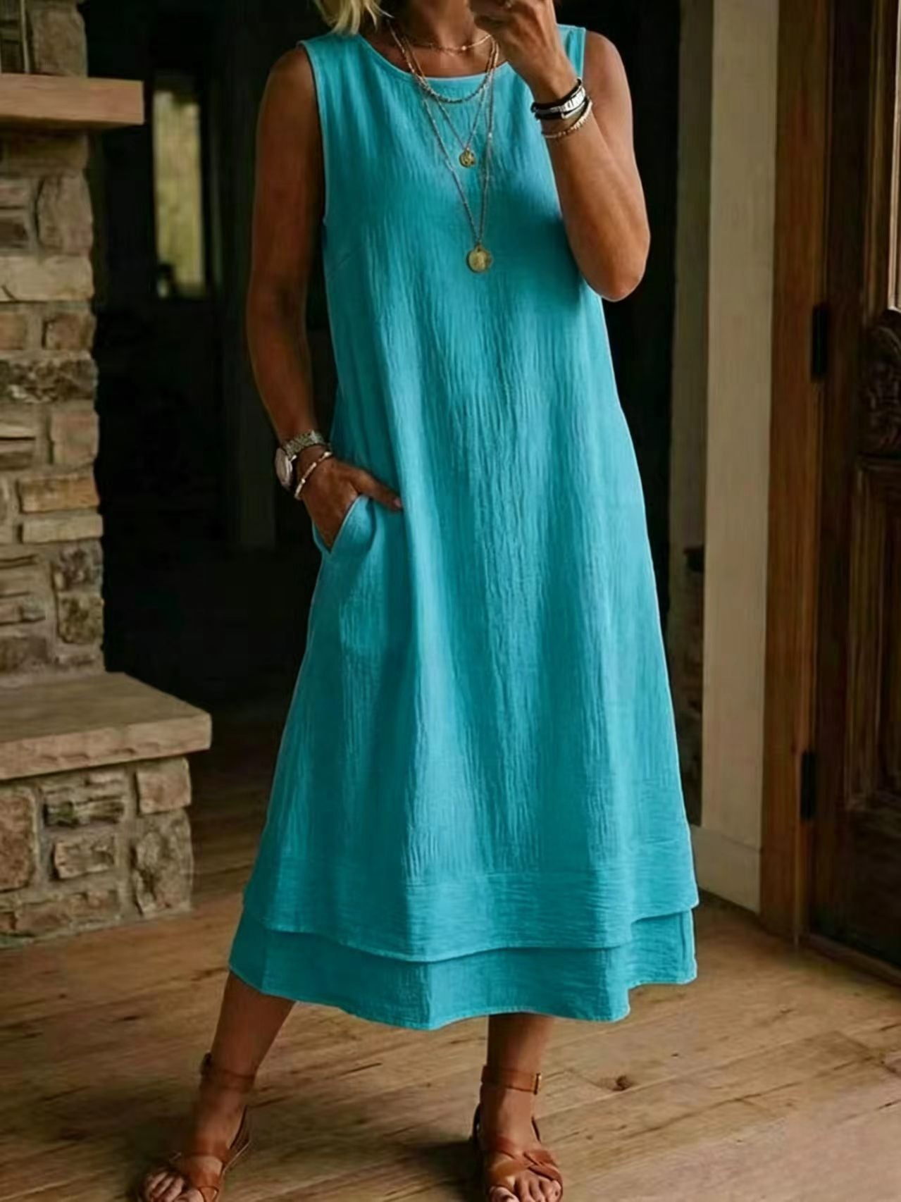 Fashion Casual Round Neck Pocket Long Solid Dress