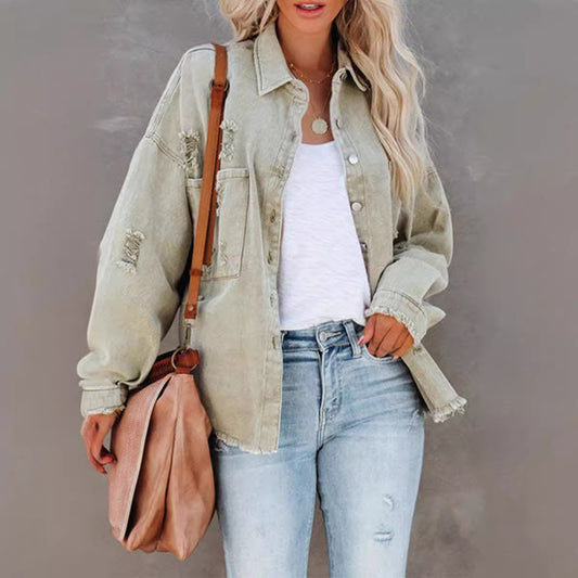 Women's Long Sleeve Raw Hem Ripped Denim Jackets
