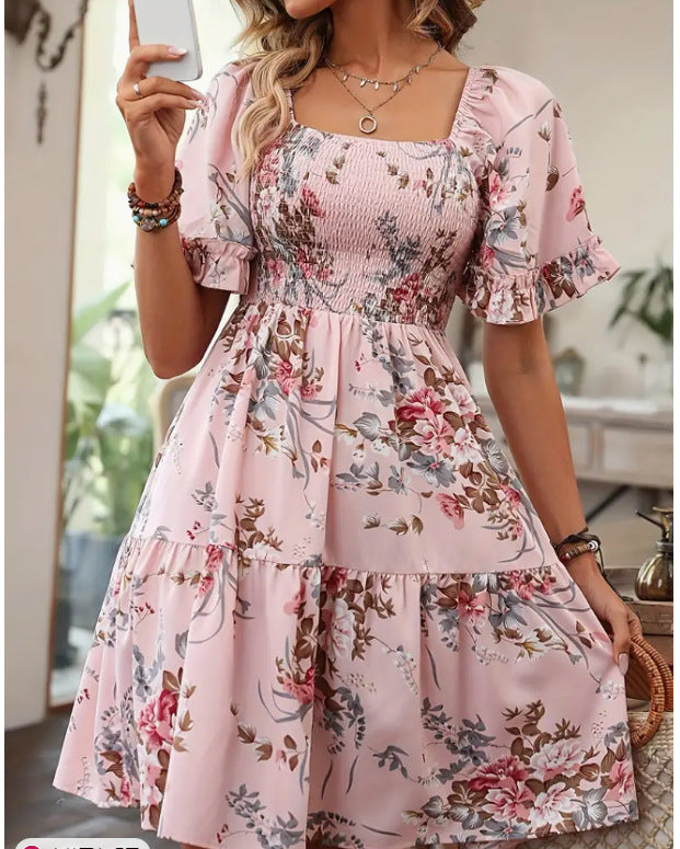 Printed Floral Square Collar Pleated Sleeves Shorts