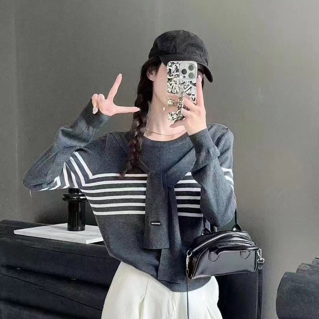 Niche Trendy Long Sleeve Striped Shawl Fake Two-piece Knitted Tops