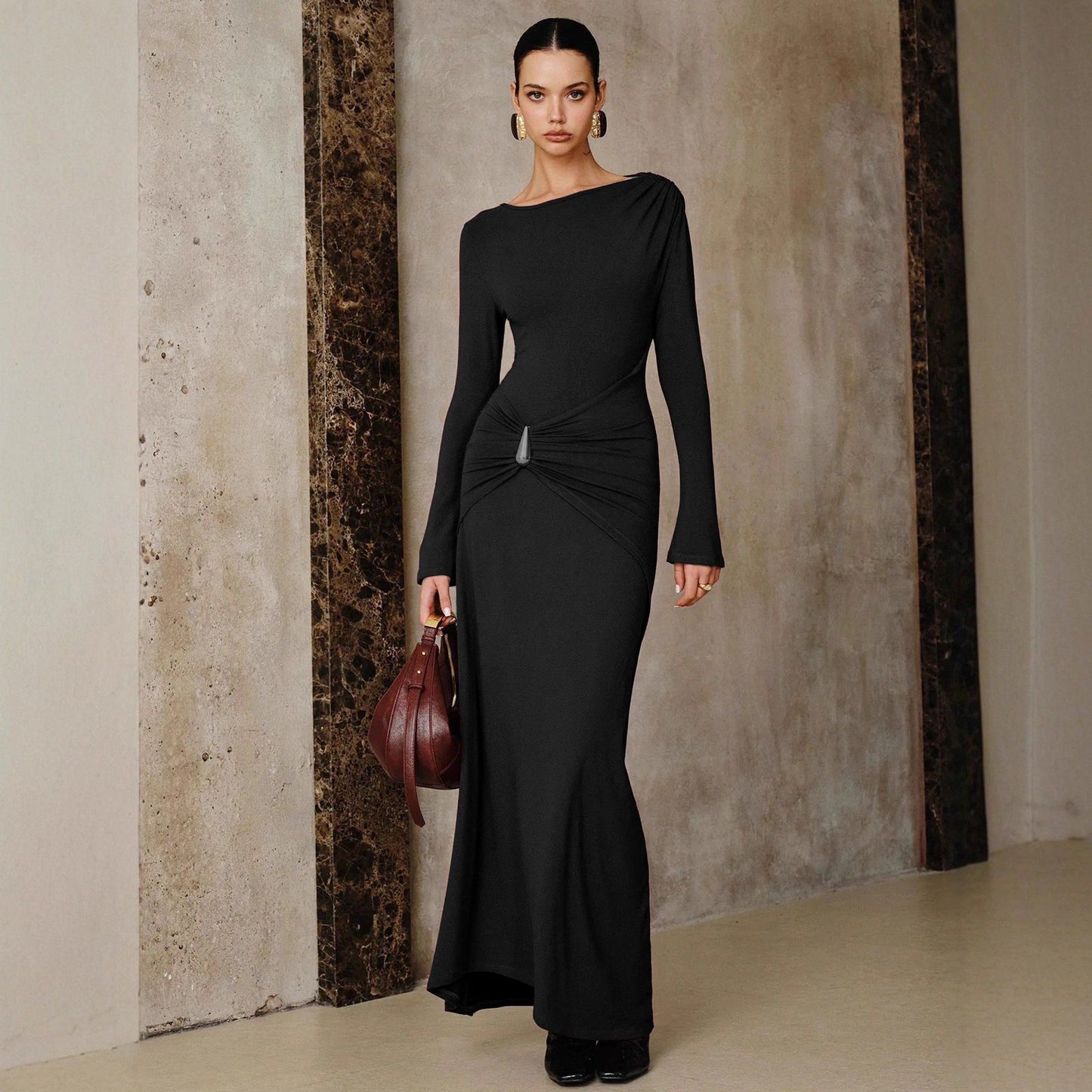 Women's Solid Color Round Neck Metal Decoration Temperament Long Dress