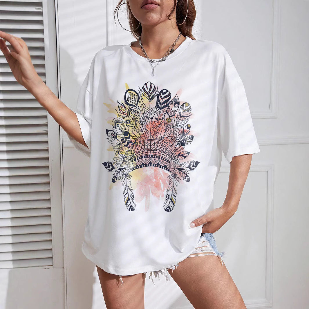 Women's Retro Indian Print Round Neck White Blouses