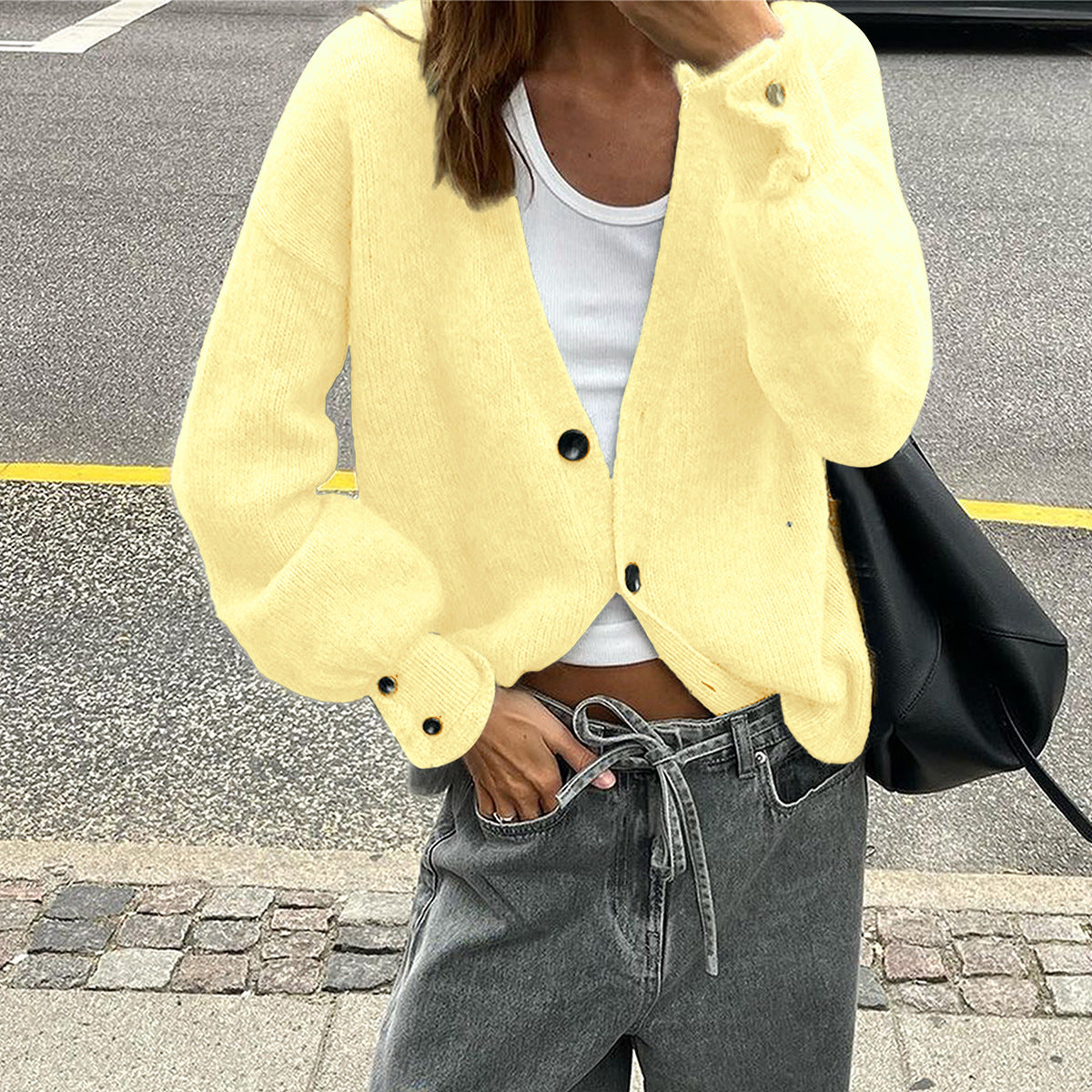 Women's Simple Holiday Button Solid Color Long-sleeved Sweaters