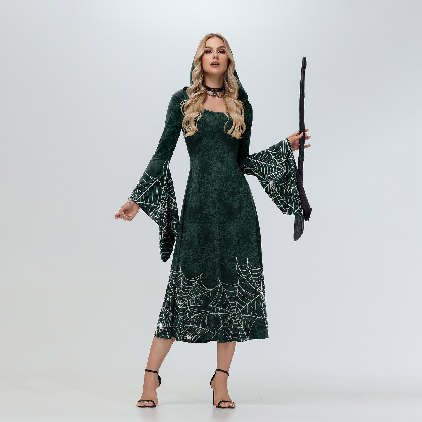Women's Halloween Witch Also Crazy Hooded Bell Sleeve Digital Dress