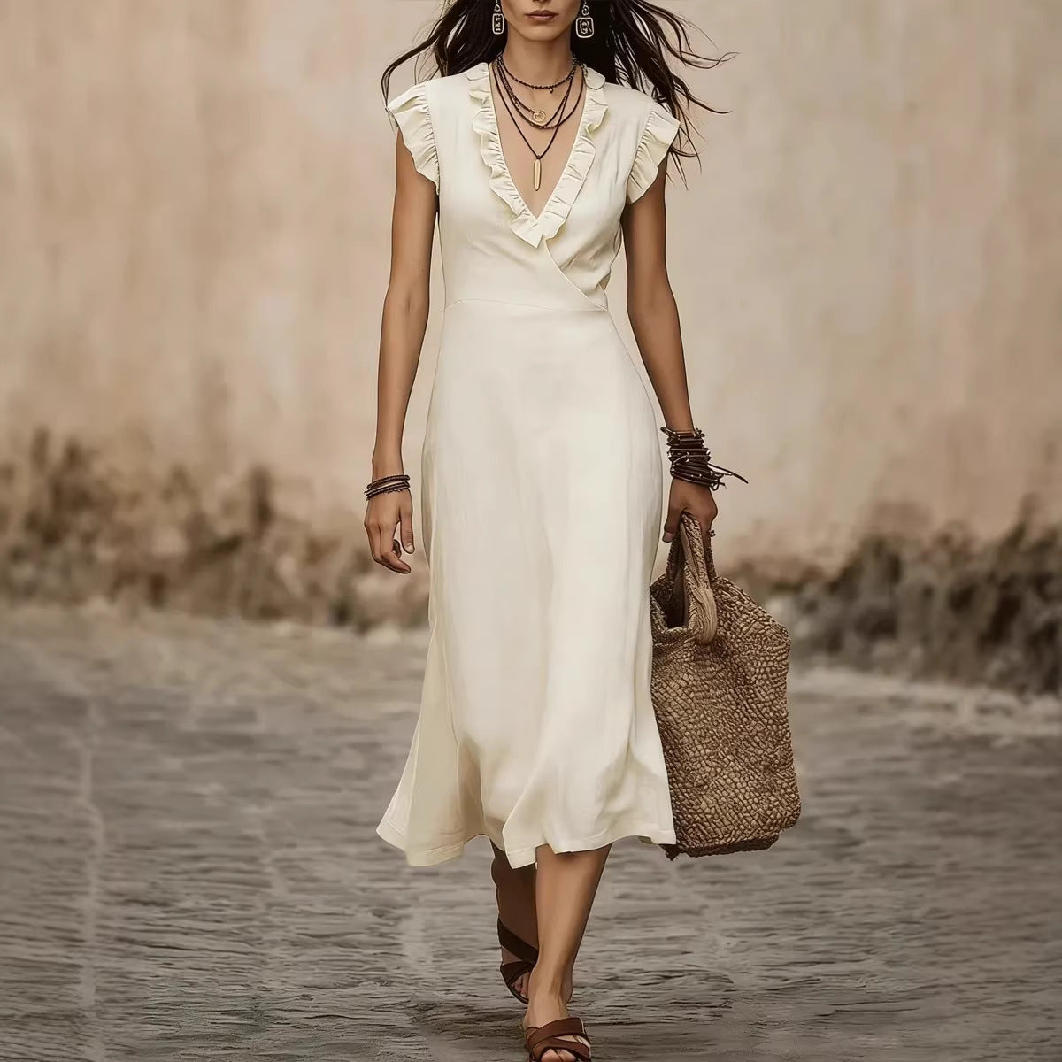 Women's French Style Cotton Linen Flying Sleeves Ruffled Dress