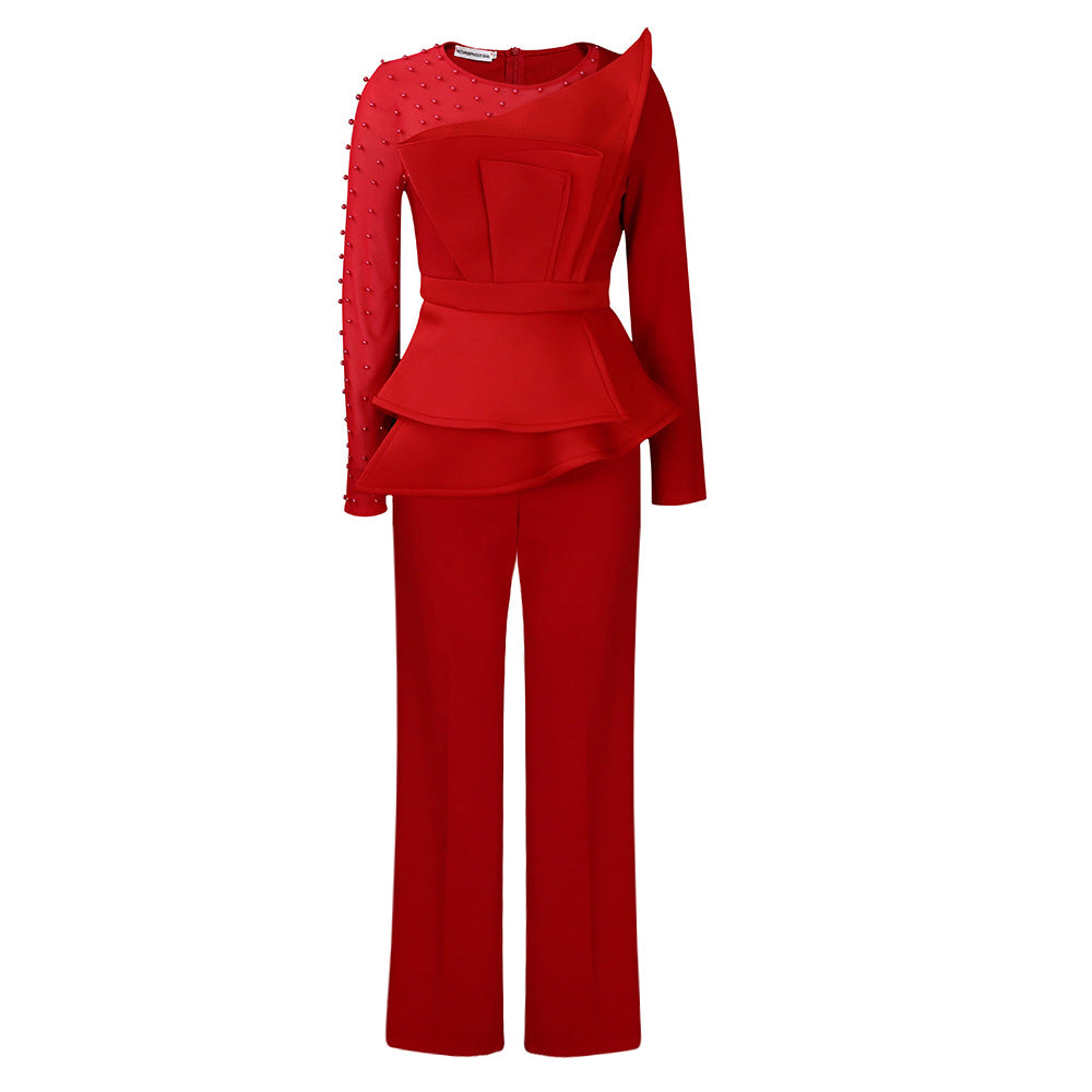 Long Sleeve Temperament Mesh Splicing Beads Jumpsuits