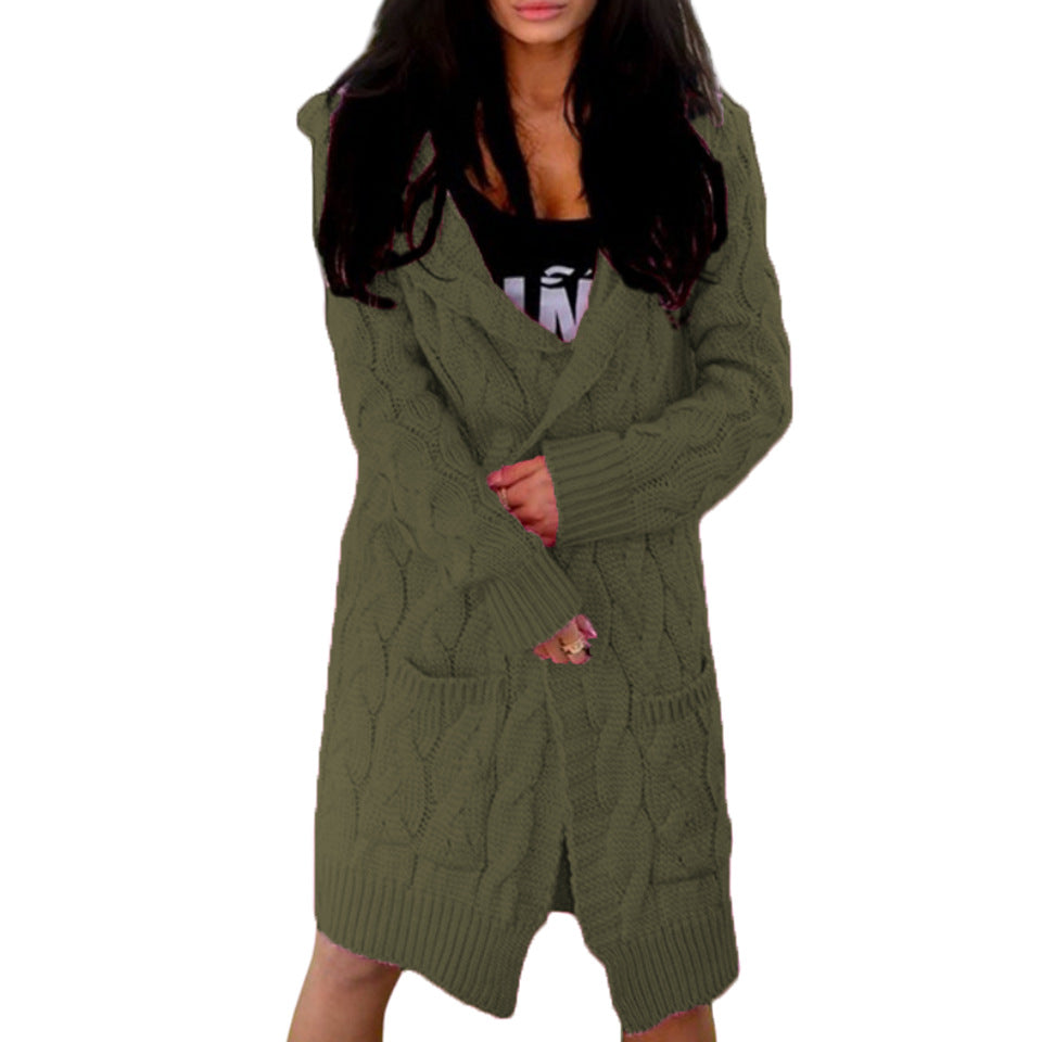 Women's Hooded Solid Color Twist Pocket Knitwear