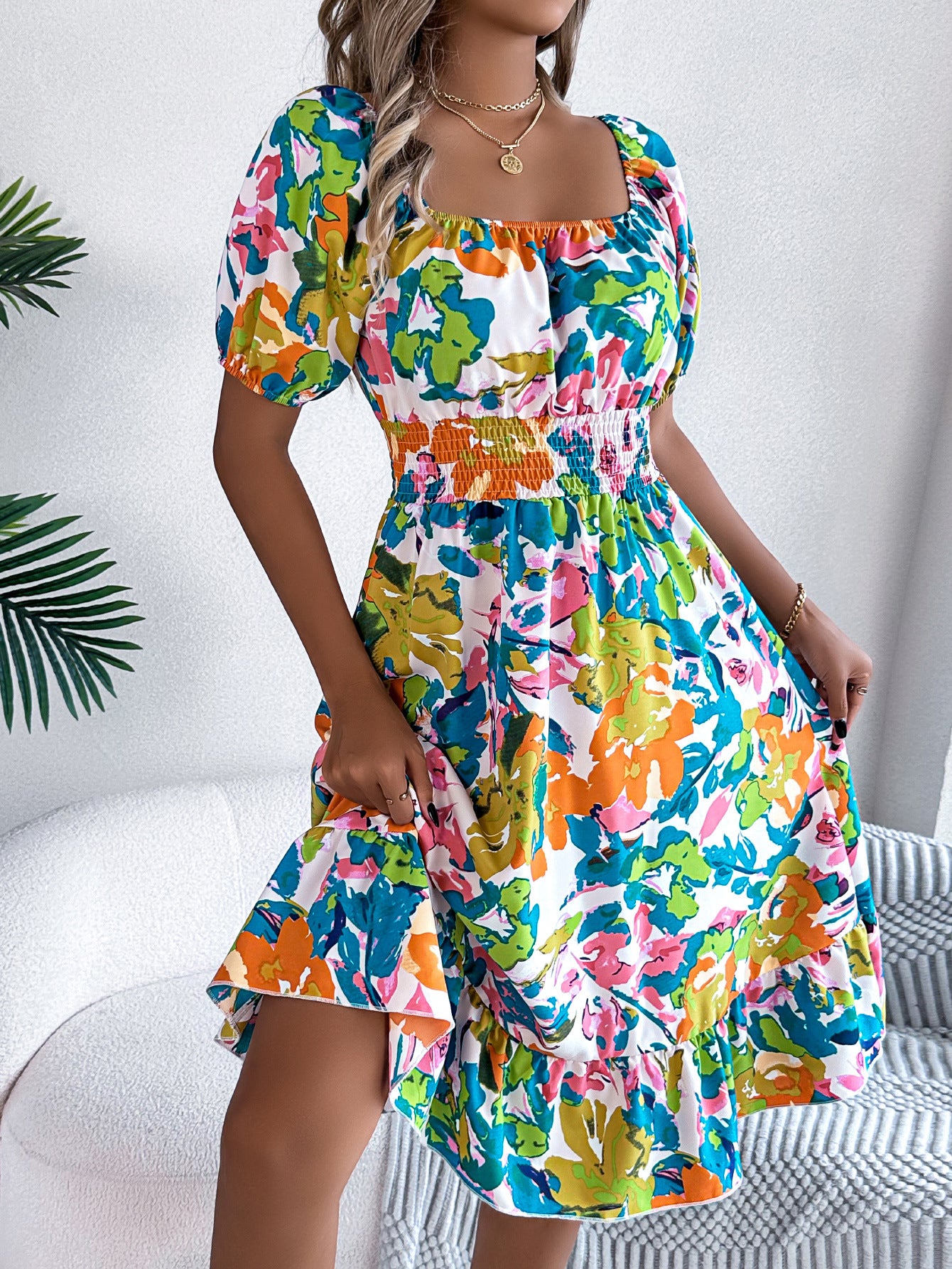 Women's Square Collar Sleeve Waist Trimming Ruffles Shorts
