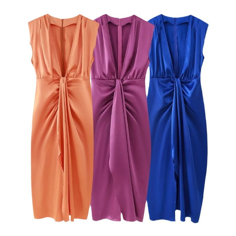 Women's Charming Satin Pleated Sleeveless Dress Dresses