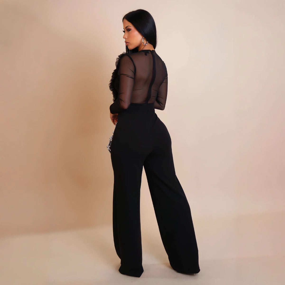 Women's Personalized Line Mesh Stitching Long Sleeves Jumpsuits