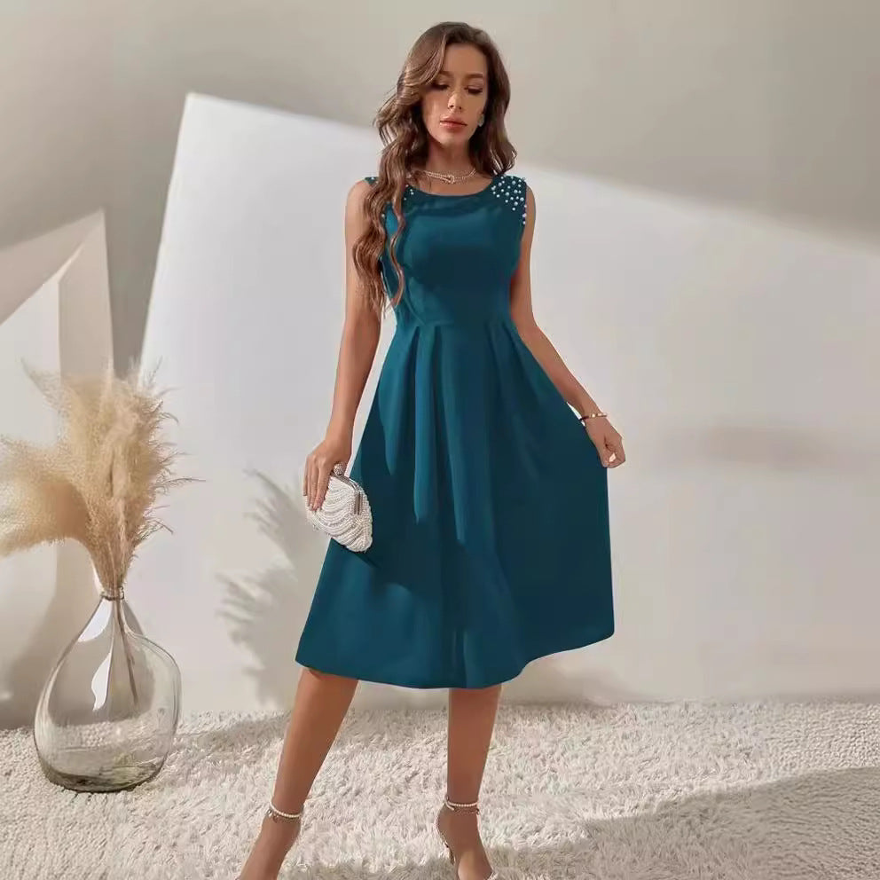 Women's Round Neck Bead Sleeveless Princess Dress