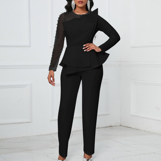 Long Sleeve Temperament Mesh Splicing Beads Jumpsuits