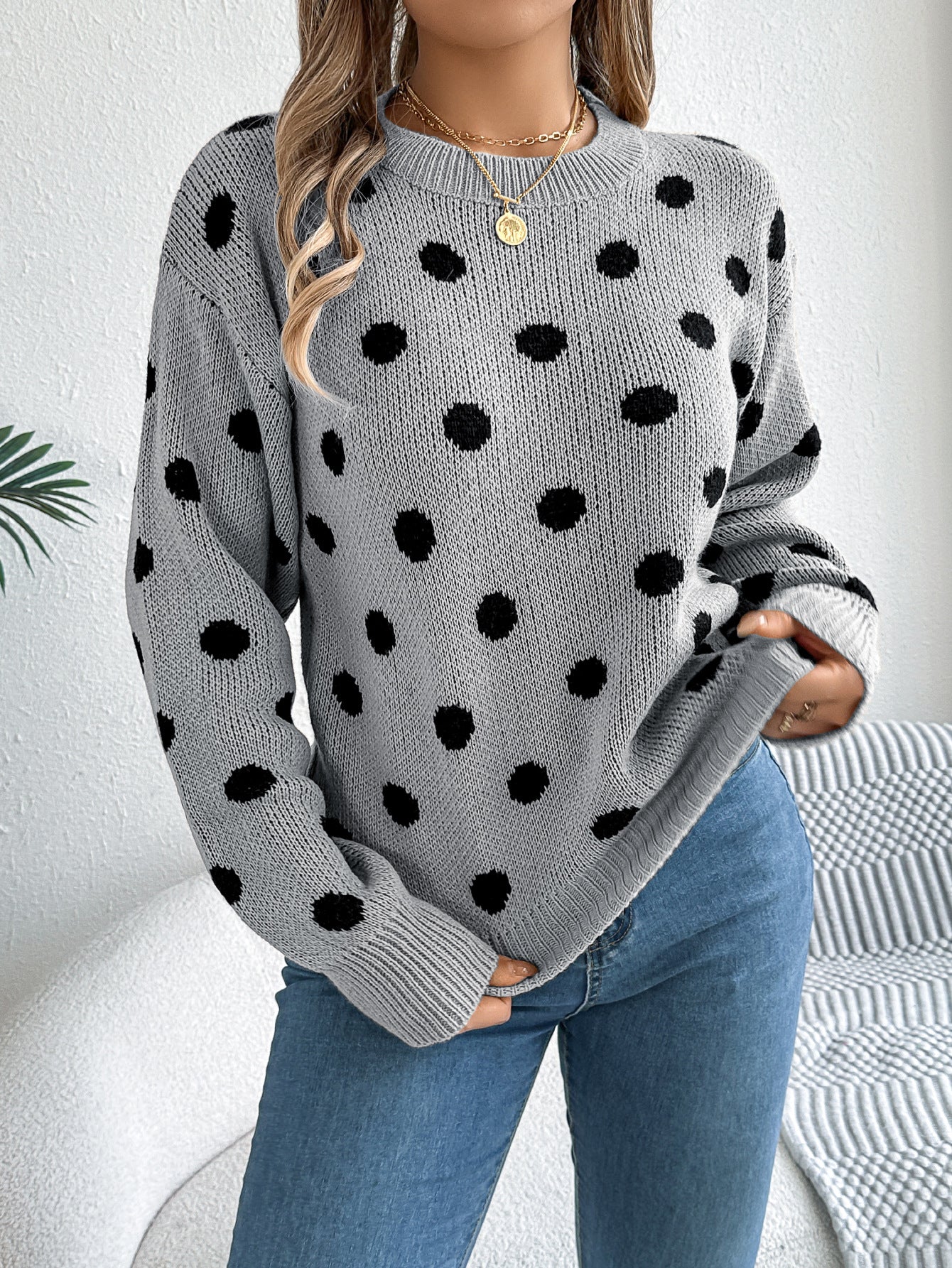 Women's Contrast Color Polka Dot Long Sleeve Sweaters