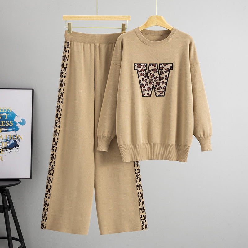Women's Sleeve Leopard Wide Leg Classic Style Knit Suits