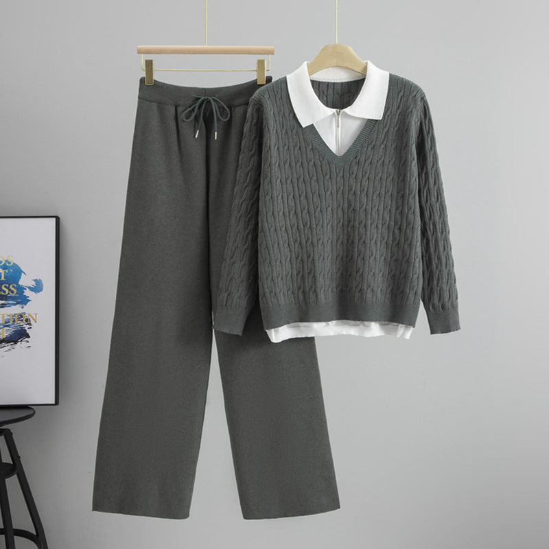 Women's Thickened Collar Fake Two-piece Knitted Matching Suits