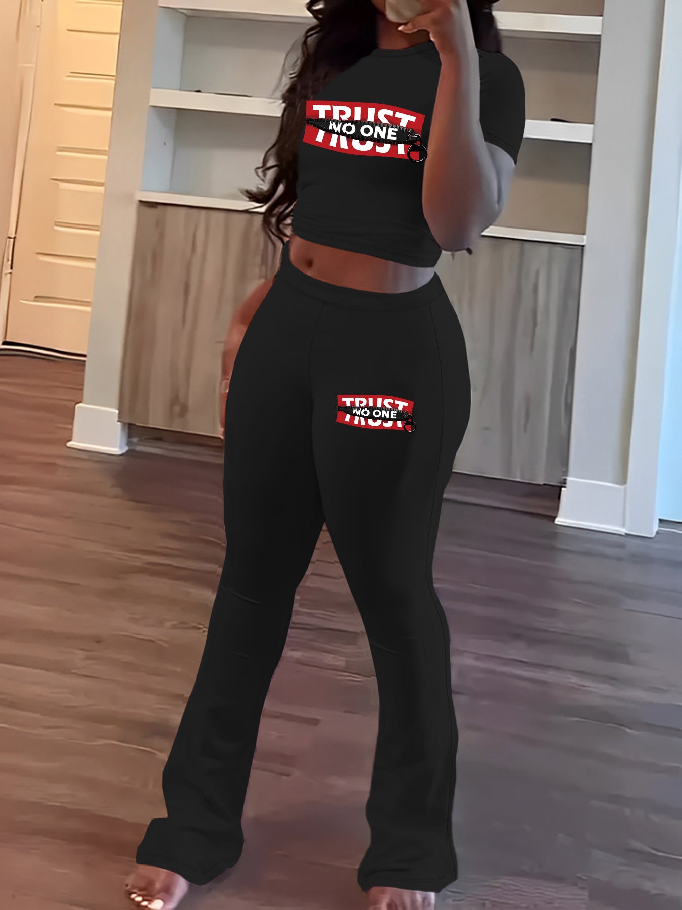 Women's Spring Printing Short-sleeved Round Neck Trousers Suits