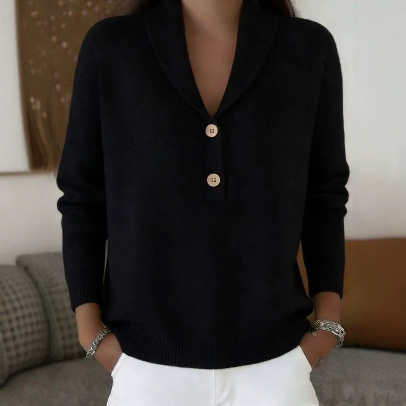 Women's Button Solid Color Collar Casual Fashion Sweater