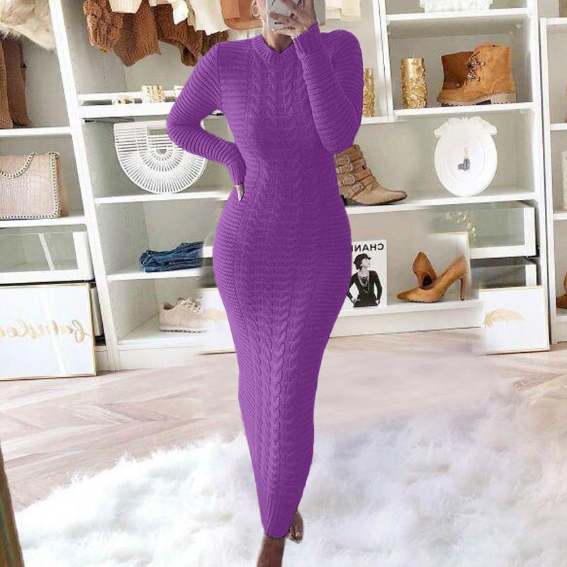 Charming Women's Fashion Twist Long-sleeved Woolen Dress