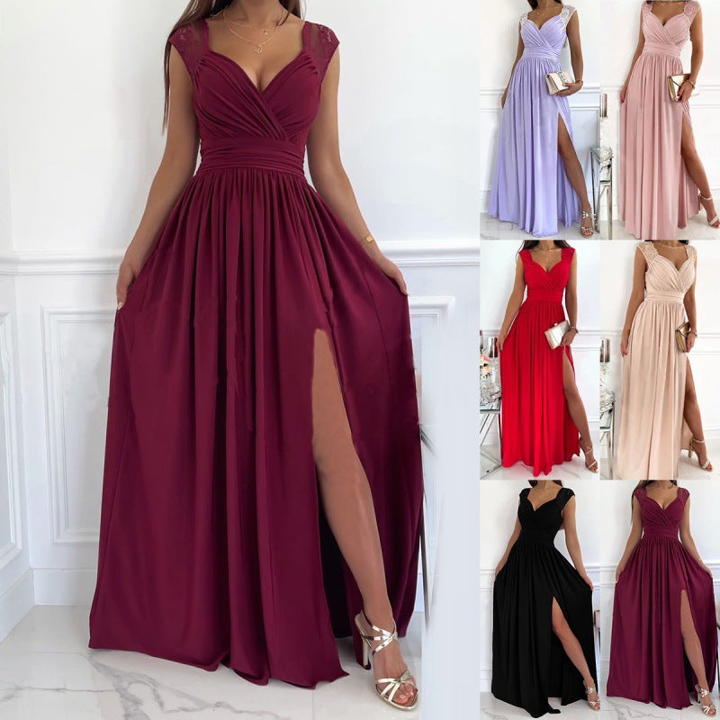 Women's Sleeveless Lace Backless Slit Hemline At Dress